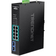 TRENDnet 10-Port Industrial Gigabit PoE+ Switch, Extreme Temperature Range -20° – 65°C (-4° – 149°F), DIN Rail Switch, 50-55V DC, 8 x Gigabit PoE+ Ports, 2 x Gigabit SFP Slots, TI-PGM102, Black