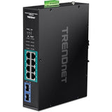 TRENDnet 10-Port Industrial Gigabit PoE+ Switch, Extreme Temperature Range -20° – 65°C (-4° – 149°F), DIN Rail Switch, 50-55V DC, 8 x Gigabit PoE+ Ports, 2 x Gigabit SFP Slots, TI-PGM102, Black