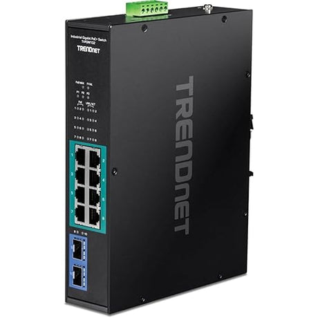 TRENDnet 10-Port Industrial Gigabit PoE+ Switch, Extreme Temperature Range -20° – 65°C (-4° – 149°F), DIN Rail Switch, 50-55V DC, 8 x Gigabit PoE+ Ports, 2 x Gigabit SFP Slots, TI-PGM102, Black
