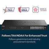 D-Link 16-Port Gigabit PoE+ Unmanaged Switch with 2 SFP Ports (DGS-1018P) – 240W Budget, 30W/Port, Plug-and-Play, Onboard Controls, QoS, Smart Fan, NDAA/TAA Standards