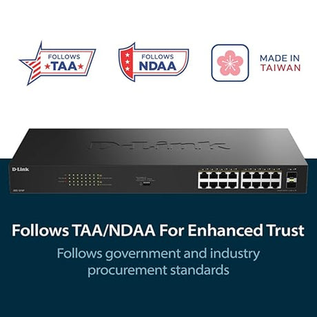 D-Link 16-Port Gigabit PoE+ Unmanaged Switch with 2 SFP Ports (DGS-1018P) – 240W Budget, 30W/Port, Plug-and-Play, Onboard Controls, QoS, Smart Fan, NDAA/TAA Standards