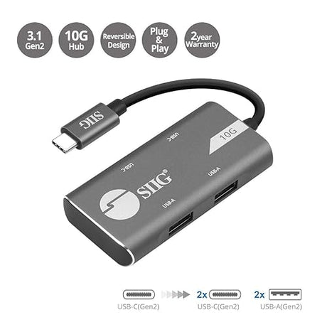 SIIG 4-Port USB 3.1 Gen 2 10G Hub - 2X USB-C & 2X USB-A Ports at Ultra High Speed Data Transfer Rates, Plug-n-Play for Windows and Mac Systems