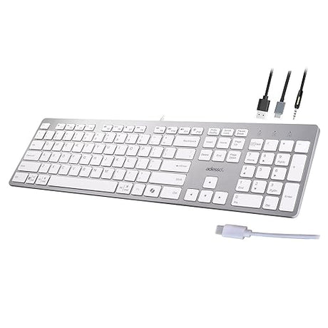 Adesso EasyTouch 730 - USB C Multi-OS Scissor Switch Keyboard with Copilot AI Hotkey, Type C Keyboard with Hub, Built-in USB-A/C Ports and 3.5mm Aux - Quiet, Slim Design AKB-730UW