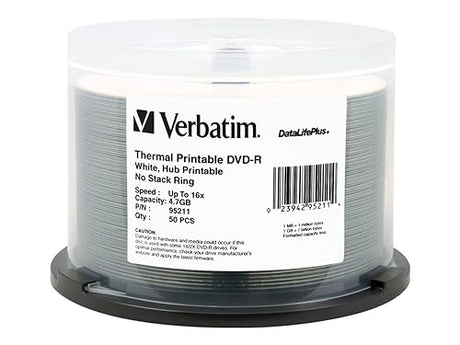 Verbatim Corporation 95211 50Pk Dvd-R 16X 4.7Gb White Thermal Hub Printable