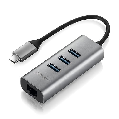 MINIX NEO-C-UEGR, Aluminium USB-C to 3-Port USB 3.0 and Gigabit Ethernet Adapter - for Windows, Mac and Chrome OS, Grey