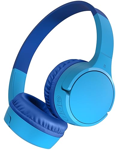 Belkin SoundForm Children's Mini Wireless Headphones with Built-in Microphone and Fun Sticker 30 Hours Playback - Study Holidays on Ear Headphones for iPhone, iPad, Galaxy, Blue