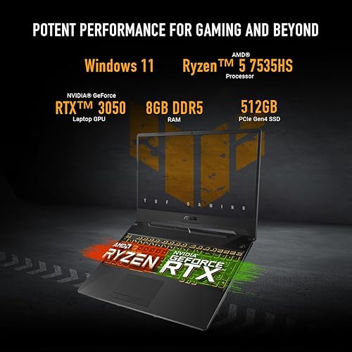 ASUS TUF Gaming A15 Gaming Laptop, 15.6” FHD 144Hz Display, NVIDIA® GeForce RTX™ 3050, AMD Ryzen™ 5 7535HS, 8GB DDR5, 512GB PCIe® Gen4 NVMe™ SSD, Wi-Fi 6, Windows 11, FA506NC-ES51 R5 | RTX 3050