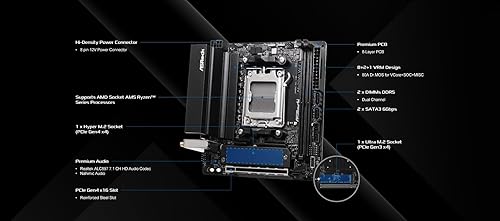 ASRock A620AI WiFi Mini-ITX AM5 Motherboard, AMD Ryzen 9000/8000/7000 Support, DDR5 8200+ (OC), PCIe 4.0, Dual M.2, WiFi 6E, 2.5G LAN, USB 3.2 Gen2