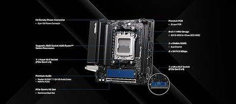 ASRock A620AI WiFi Mini-ITX AM5 Motherboard, AMD Ryzen 9000/8000/7000 Support, DDR5 8200+ (OC), PCIe 4.0, Dual M.2, WiFi 6E, 2.5G LAN, USB 3.2 Gen2