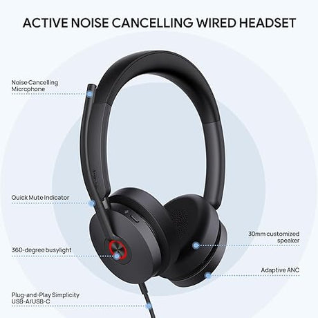 Yealink UH48 ANC USB Headset with Microphone, Active Noise Cancelling Wired Headphones for PC Computer, Works with Zoom Teams and Other Call Platforms, USB-A or USB-C Connectivity, Mute Button