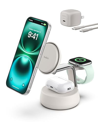 Belkin MagSafe Charger Compatible, 3-in-1 Qi2 Wireless Charging Dock 25W, Adjustable Wireless Charger for iPhone 17, Apple Watch, AirPods, Desktop Phone Stand for Travel w/ 45W Adapter - Sand