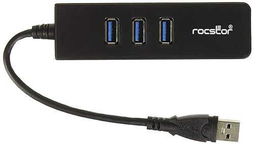 Rocstor Y10A179-B1 Premium 3 Port Portable USB 3.0 Hub with Gigabit Ethernet 10/100/1000– External Portable 3 Port USB Hub with GbE Adapter - Built-in Cable - USB, Black