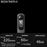RICOH Theta X 360 Degree Camera, High Resolution Image of Approx 60M, 5.7K 360, Touch Screen, Interchageable Battery, External Memory Card