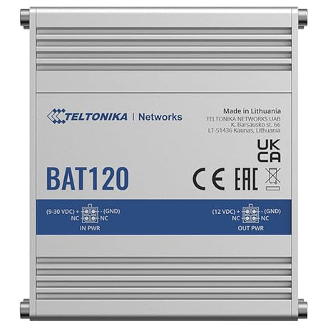 Teltonika BAT120000100 Model BAT120 Uninterrupted Power Supply; 24W US PSU 4-pin Connector; Overvoltage and Reverse Polarity Protection; Aluminum Housing; 2300 mAh Battery Capacity; for up to 6 Hours