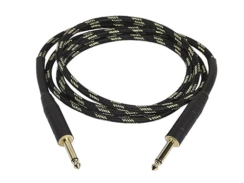 Monoprice Braided Cloth 1/4 Inch (TS) Male 20AWG Instrument Cable Cord - 6 Feet- Black (Gold Plated) 6ft