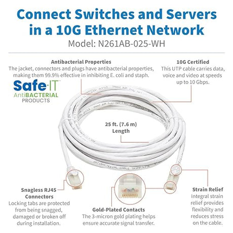 Tripp Lite Safe-IT Cat6a Ethernet Cable Antibacterial Snagless 10G MM 25ft (N261AB-025-WH)