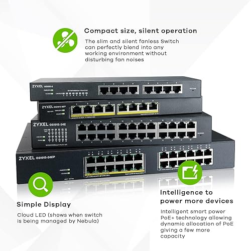 Zyxel 24-Port PoE Gigabit Switch | Smart-Managed | 12x PoE+ Ports @130W | Optional Nebula Cloud | Rackmount [GS1915-24EP] 24-Port | 12x PoE+ 170W