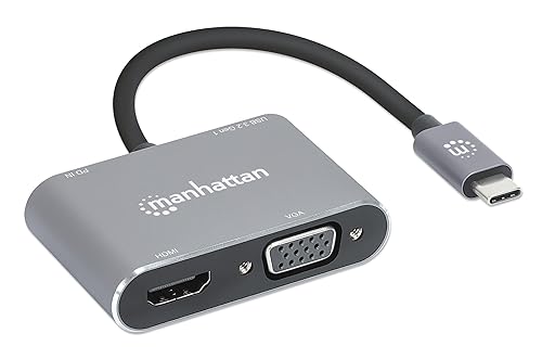 Manhattan USB C to 4K HDMI VGA Adapter – 4 in 1 Multiport Docking Converter Hub, 4K@30Hz HDMI, 1080p@60Hz VGA, 5 Gbps USB-A, 87W USB-C PD –3 Yr Mfg Warranty – 130691