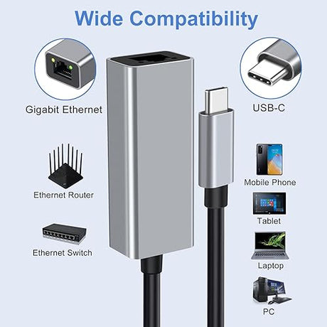 Adesso AUH-5000 USB-C to Ethernet Network Adapter - Gigabit Speed, Aluminum Alloy Case, LED Indicator, Plug & Play, Compatible with Windows, Mac OS, Chrome OS, Linux - TAA Compliant