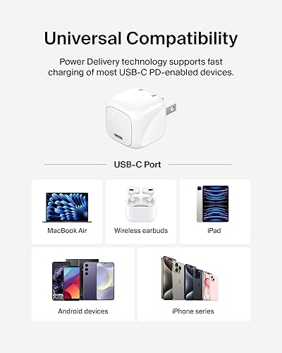 Belkin Compact Wall Charger 30W, USB-C Power Delivery Fast Charging for Apple iPhone 16, 15, 14, 13, Samsung Galaxy S25, iPad, AirPods, Tablet, Nintendo Switch 2 & More w/ 1M USB-C to C Cable - White