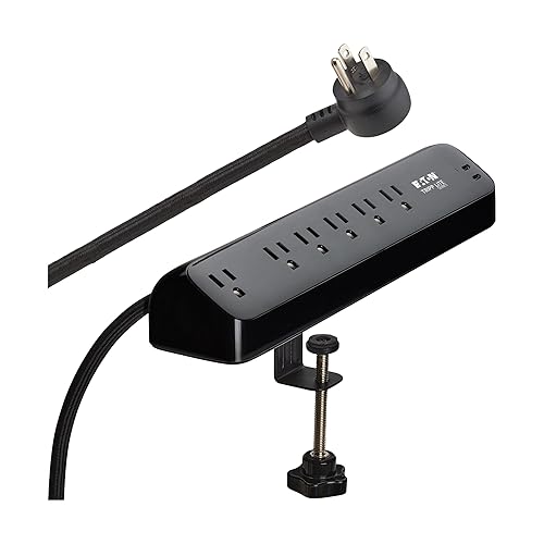 Eaton Tripp Lite series Desk Clamp Power Strip Surge Protector, 6-Outlets, 2x 30W USB-C Charging Ports, 900 Joules, 10ft Braided Flat Extension Cord, Lifetime Manufacturer's Warranty (TLP610U30CLAMPB) 6 Outlets Black (2x USB-C)