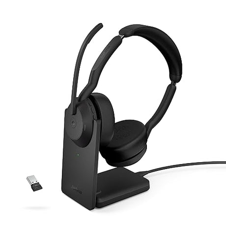 Jabra Evolve2 55 Stereo Wireless Headset with Charging Stand AirComfort Technology, Noise-Cancelling Mics & Active Noise Cancellation - MS Teams Certified, Works with Other Platforms - Black Stereo w/ Charging Stand Link380a MS