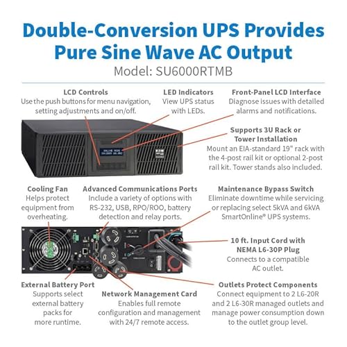 Eaton Tripp Lite SU6000RTMB UPS 6000VA / 5400W, 208V, Maintenance Switch, Online Double Conversion, Pure Sine Wave, 3U Rack Mount, 4 Outlets, Network Card, Extended Run, $250,000 Insurance Bypass Switch UPS 6000VA