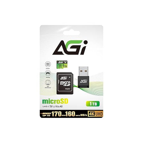 AGI 1TB TF138 MicroSD Memory, High-Capacity Storage Suit for Gaming. MicroSDXC A2 U3 V30 4K UHS-I U3 (Read Speed up to 170 MB/s, Write Speed up to 160 MB/s) with Type A Card Reader and SD Card Adapter