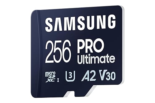 SAMSUNG PRO Ultimate microSD Memory Card + Adapter, 256GB microSDXC, Up to 200 MB/s, 4K UHD, UHS-I, Class 10, U3,V30, A2 for Action Cam, Drone, Gaming, Phones, Tablets, MB-MY256SA/AM[Canada Version]