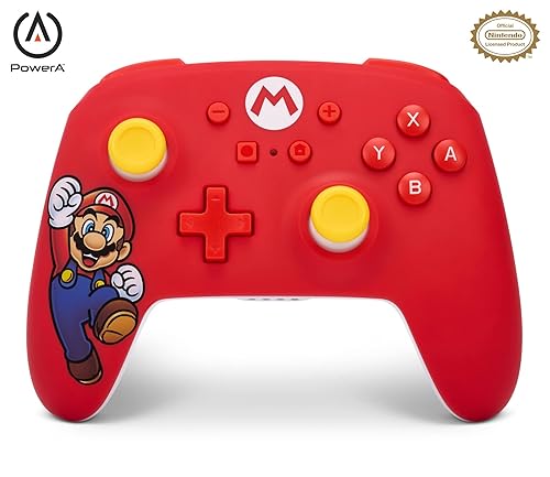 PowerA Wireless Nintendo Switch Controller - Mario Joy, AA Battery Powered (Battery Included), Pro Controller for Switch, Advanced Gaming Buttons, Officially Licensed by Nintendo Battery powered Mario Joy