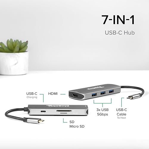 Plugable USB-C Hub 7-in-1, Driverless USB C Hub Compatible with Mac, Windows, Chromebook, USB4, Thunderbolt 4, and More (4K HDMI, 3 USB 3.0, SD & microSD Card Reader, 100W Charging)