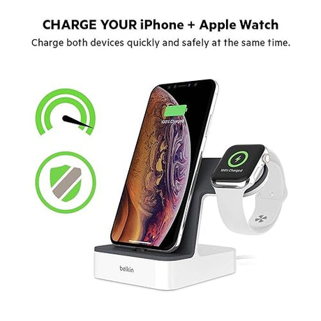 Belkin Powerhouse Charge Dock for Apple Watch + iPhone Charging Dock for iPhone Xs, XS Max, XR, X, 8/8 Plus and More, Apple Watch Series 4, 3, 2, 1 (White) White Charging Dock