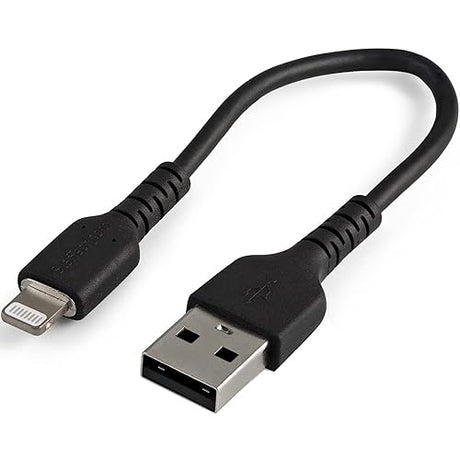 StarTech.com 6 inch (15cm) Durable Black USB-A to Lightning Cable - Heavy Duty Rugged Aramid Fiber USB Type A to Lightning Charger/Sync Power Cord - Apple MFi Certified iPad/iPhone 12 (RUSBLTMM15CMB) Black 15cm