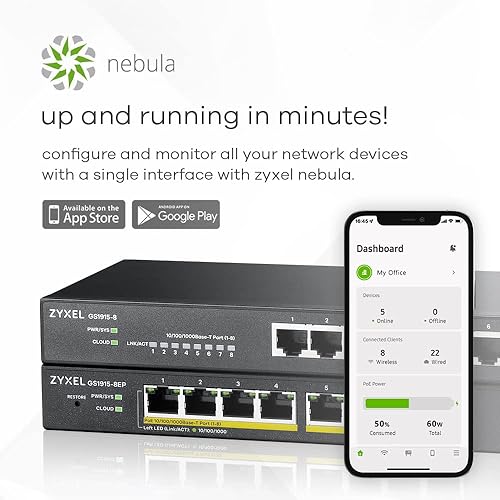 Zyxel 8-Port PoE GbE Switch | Smart-Hybrid Mode | 8X PoE+ @60W | Optional Nebula Cloud | Desktop| Fanless [GS1915-8EP] GS1915-8EP-EU0101F