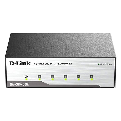 D-Link Ethernet Switch, 5 Port Unmanaged Gigabit Metal Fanless Desktop Plug n Play (GO-SW-5GE), Black 5 Port Metal Switch