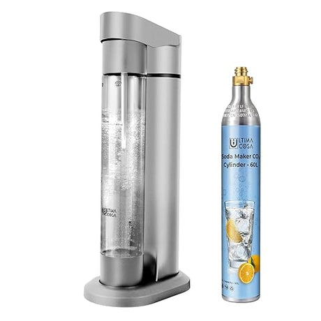 Ultima Cosa Sparkling Water Soda Maker with CO2 Cylinder - Home Fizzy Drink Bubbly Water Machine 1LBPA-free Reusable Bottle - Make Homemade Sparkle Water, Juice, Coffee, with Fruit (Silver)