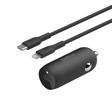 Belkin Boost?Charge™ 30W Fast Car Charger, Compact Design w/USB-C Power Delivery Port, USB-C to Lightning Cable Included, Universal Compatibility for iPhone 14 Series, iPad, and More - Black