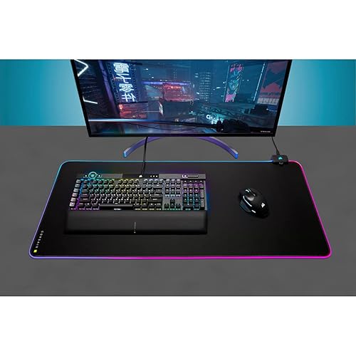 Corsair MM700 RGB Extended Cloth Gaming Mouse Pad (Dynamic 360° Three-Zone RGB Lighting, Expansive 930 mm x 400 mm Surface, Two Port USB Hub, 4 mm-Thick Rubber Construction) Black 15.8L x 36.6W inches