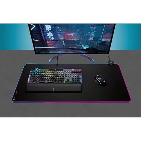 Corsair MM700 RGB Extended Cloth Gaming Mouse Pad (Dynamic 360° Three-Zone RGB Lighting, Expansive 930 mm x 400 mm Surface, Two Port USB Hub, 4 mm-Thick Rubber Construction) Black 15.8L x 36.6W inches