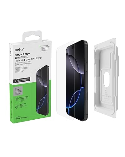 Belkin ScreenForce UltraGlass 2 Treated Screen Protector for iPhone 16 Pro Max - Scratch-Resistant, 9H Hardness Tested Glass w/Slim Design & Easy Align Tray for Bubble-Free Application