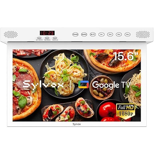 SYLVOX Under Cabinet TV 15.6-Inch Smart 1080p with LED Clock Display in White