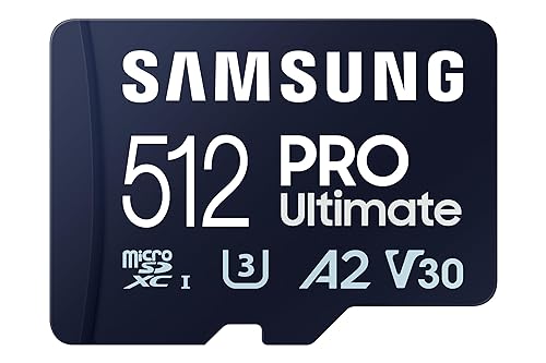 SSAMSUNG PRO Ultimate microSD Memory Card + Adapter, 512GB microSDXC, Up to 200 MB/s, 4K UHD, UHS-I, Class 10, U3,V30, A2 for Action Cam, Drone, Gaming, Phones, Tablets, MB-MY512SA/AM [Canada Version]