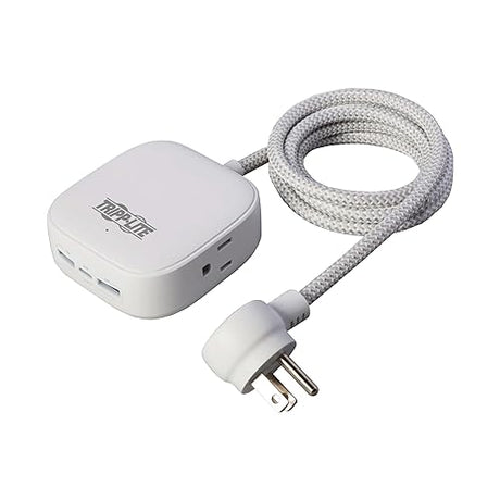 Tripp Lite Safe-IT Power Strip 2-Outlet + 3 USB Ports Long Extension Cord, 2 USB-A + 1 USB-C Charging, Flat Plug, UL Certified, White, 6 Foot Cord, (PS26PD32WCAM)