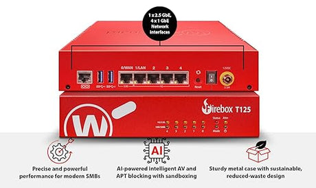 WatchGuard Firebox T125 with 1 Year Total Security Suite - Tabletop Firewall, 1x 2.5Gb + 4X 1Gb Ports, High-Speed Security for Branch Offices (WGT125641)