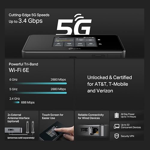 TP-Link 5G Mobile WiFi Hotspot (M8550) – WiFi 6E AXE3600, 5G/4G LTE, Tri-Band, Touchscreen, 2.5Gbps LAN/WAN Port, Up to 32 Devices, 4680mAh Battery, USB-C, microSD Slot, Unlocked WiFi 6E | AXE36005G | Mobile WiFi Hotspot