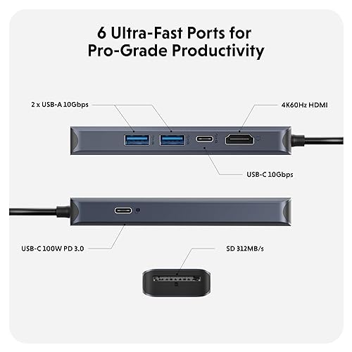 HyperDrive Next 6 Port USB-C Hub, Portable Travel Essentials and Connectivity Solution for Creators, Video Editors, Photographers, and More