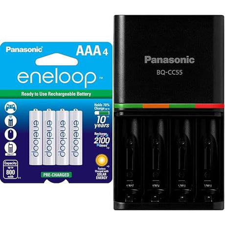 Eneloop Panasonic BK-4MCCA4BA AAA 2100 Cycle Ni-MH Pre-Charged Rechargeable Batteries, 4 & Panasonic BQ-CC55KSBHA Advanced pro Rechargeable Battery 4 Hour Quick Charger, Black 1 Count (Pack of 1) Batteries + Charger, Black