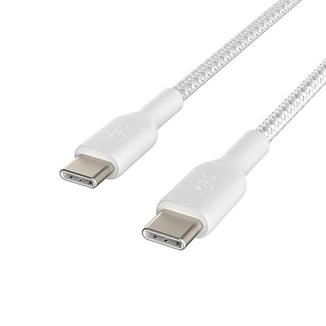 Belkin BoostCharge Braided USB-C to USB-C Cable (1M/3.3ft) for iPhone 15, iPhone 15 Pro, iPhone 15 Pro Max, iPhone 15 Plus, Galaxy S23, S22, Note10, Note9, Pixel 7, Pixel 6, iPad Pro, & More - White Cable 3.3FT White