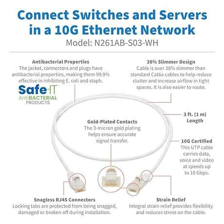 Tripp Lite, Safe-IT, Cat6a Ethernet Cable, Bacteria Resistant, 10G Certified Snagless, Slim UTP Jacket (RJ45 M/M), White, 3 Feet / 0.9 Meters, (N261AB-S03-WH)