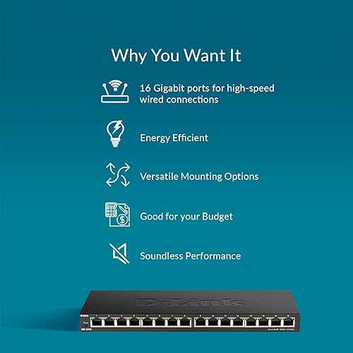 D-Link 16-Port Gigabit Ethernet Unmanaged Desktop Switch, SOHO, Fanless, Metal, Energy-Efficient Ethernet, QoS, Quiet Operation (DGS-1016S) Metal Switch 16-Port Gigabit Slim